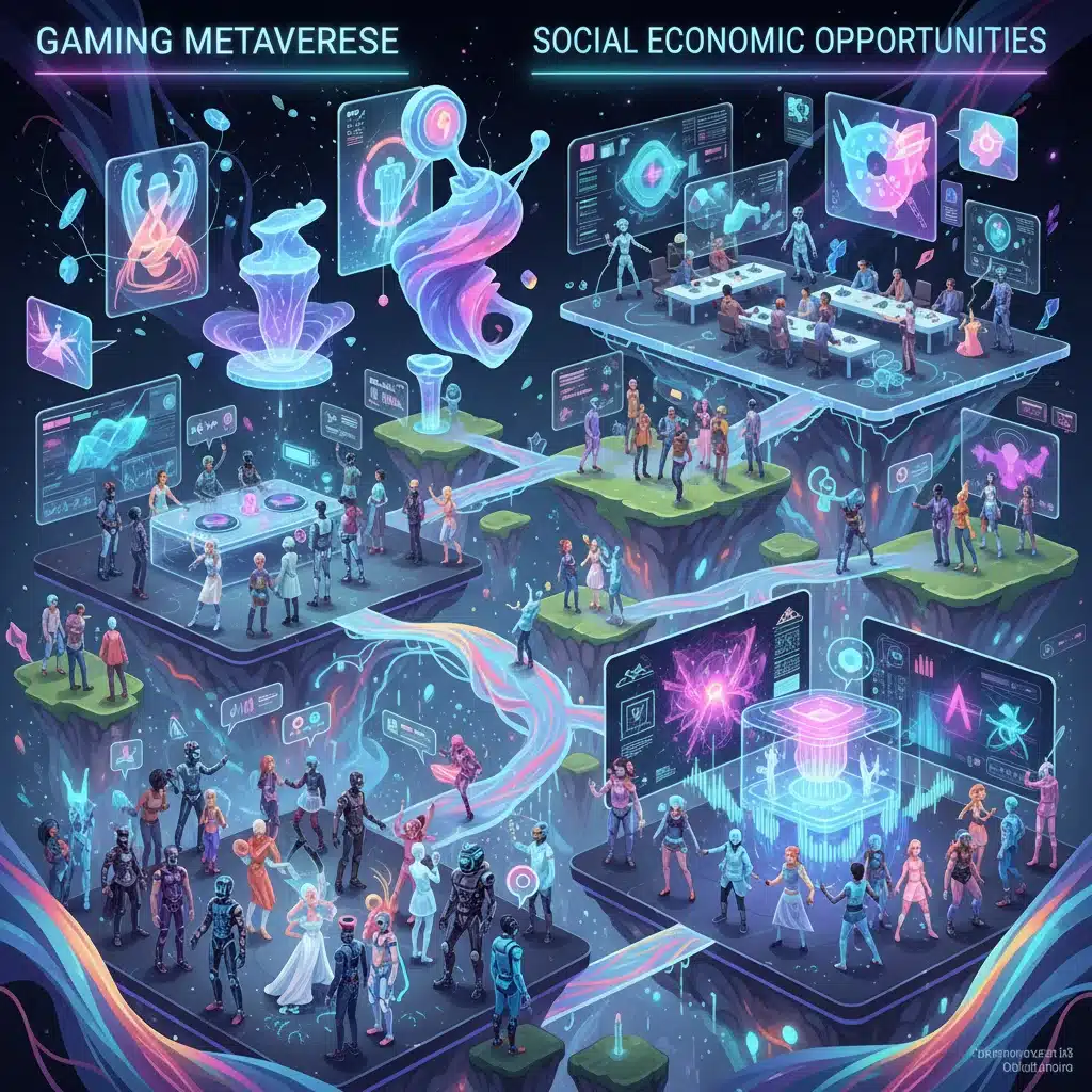 Avatars interacting in a vibrant metaverse environment, featuring virtual concerts, art, and collaborative spaces.