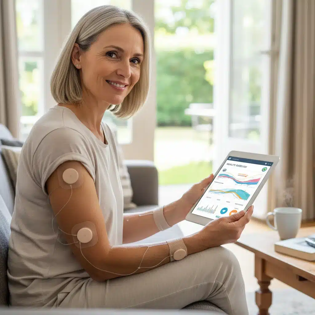 Patient using bio-integrated wearable devices for continuous health monitoring at home