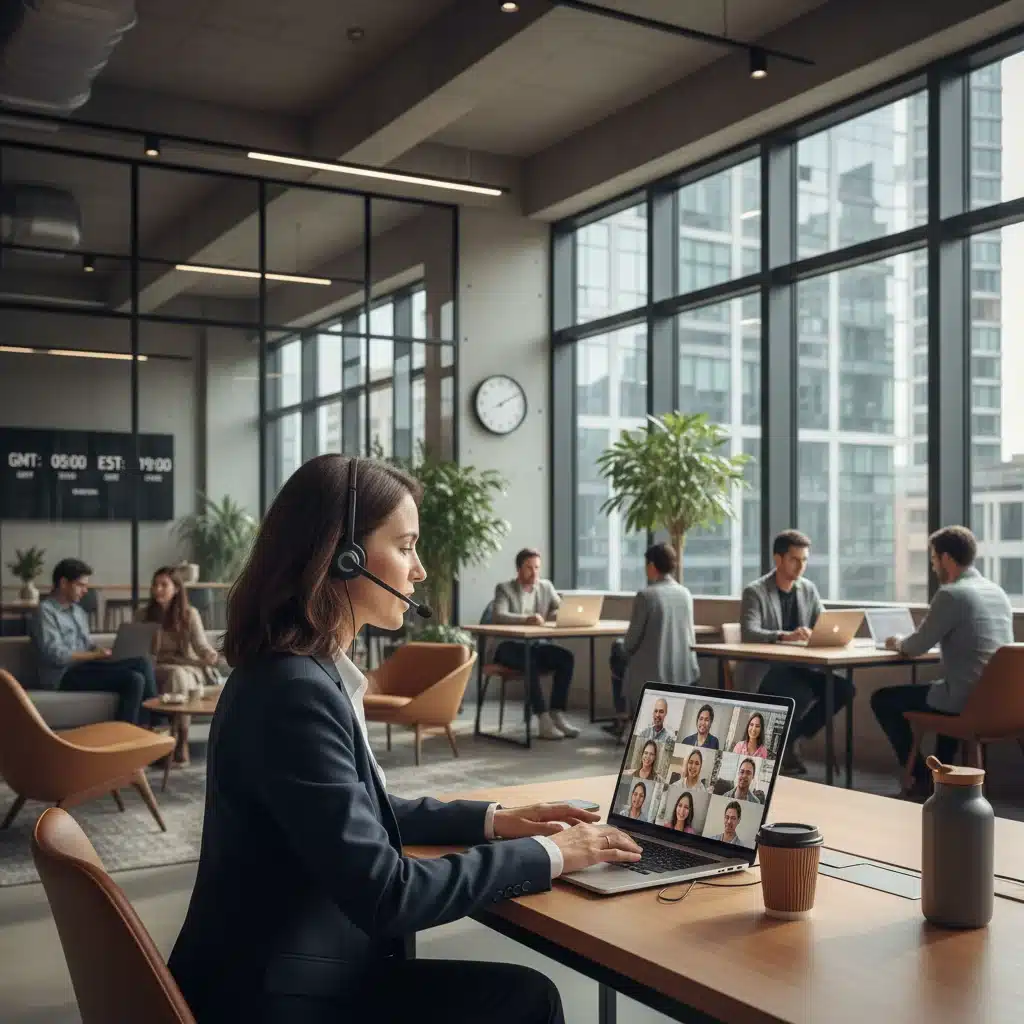 Tech professional collaborating remotely in an international co-working space, leveraging global opportunities.