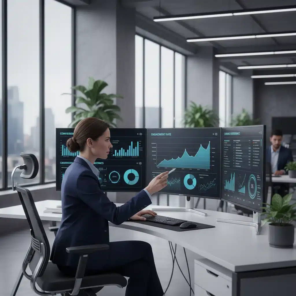 Marketing professional analyzing social media analytics and dashboard for campaign optimization.