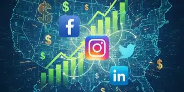 Social media icons with financial graphs, representing strong social media ROI in the U.S. market.