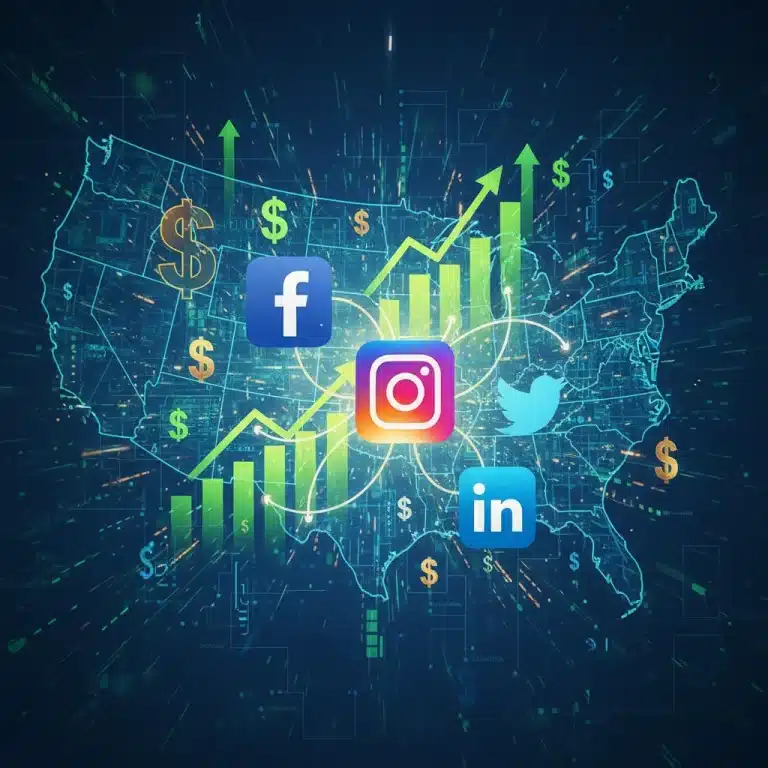 Social media icons with financial graphs, representing strong social media ROI in the U.S. market.