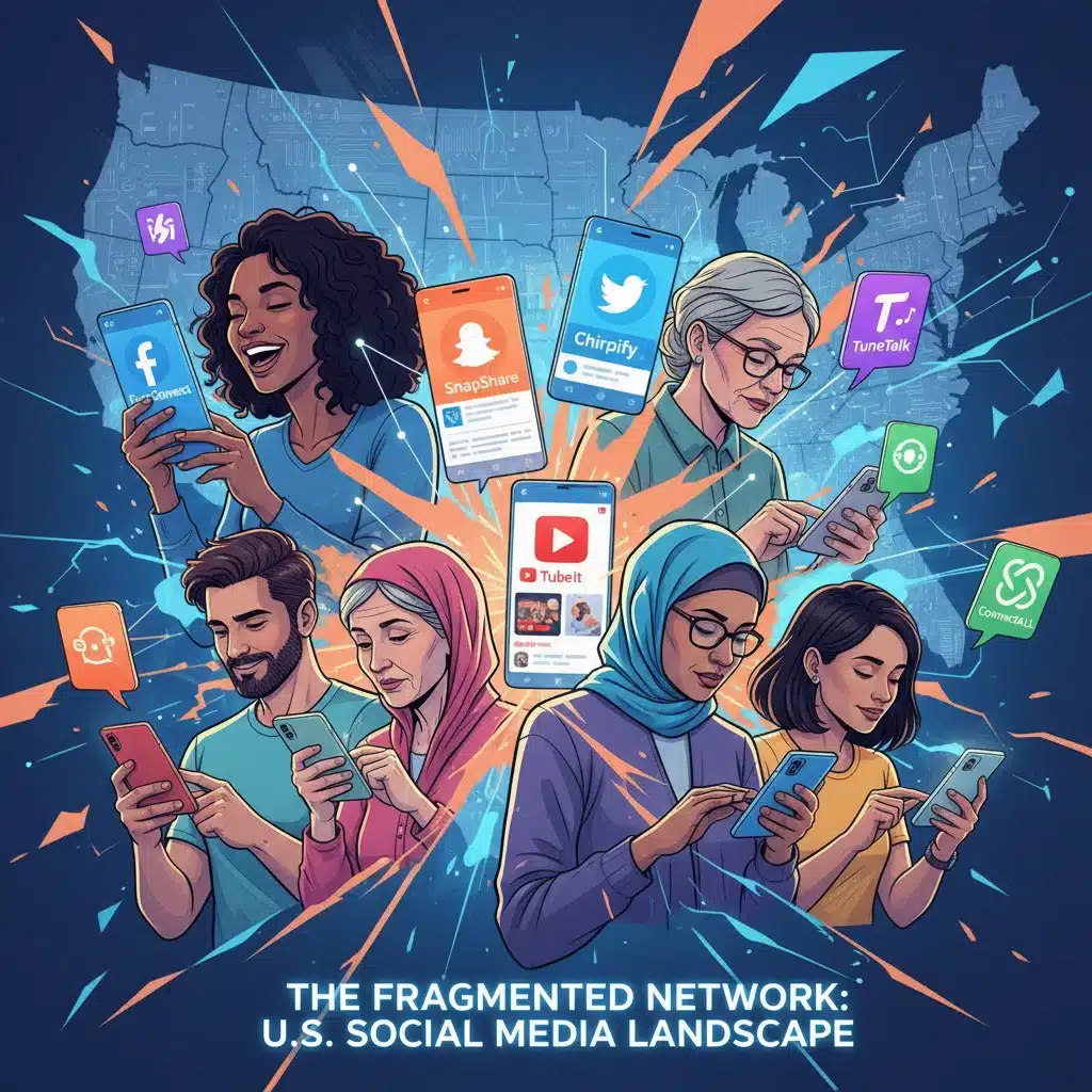 Diverse users engaging with multiple social media platforms on mobile devices, representing the evolving user base.