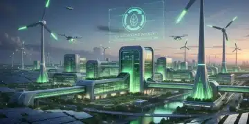 Futuristic industrial landscape with green energy solutions