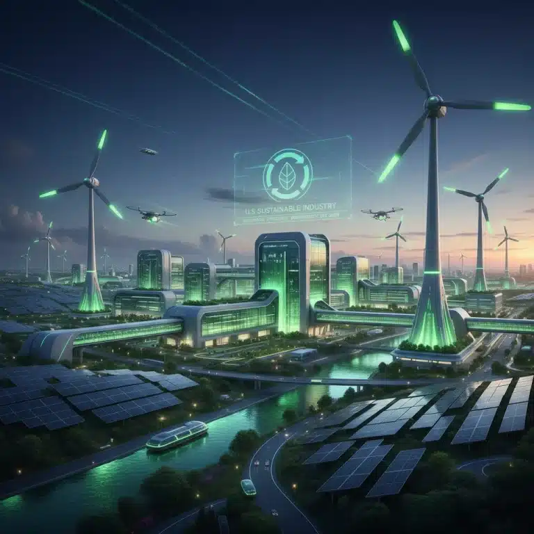 Futuristic industrial landscape with green energy solutions