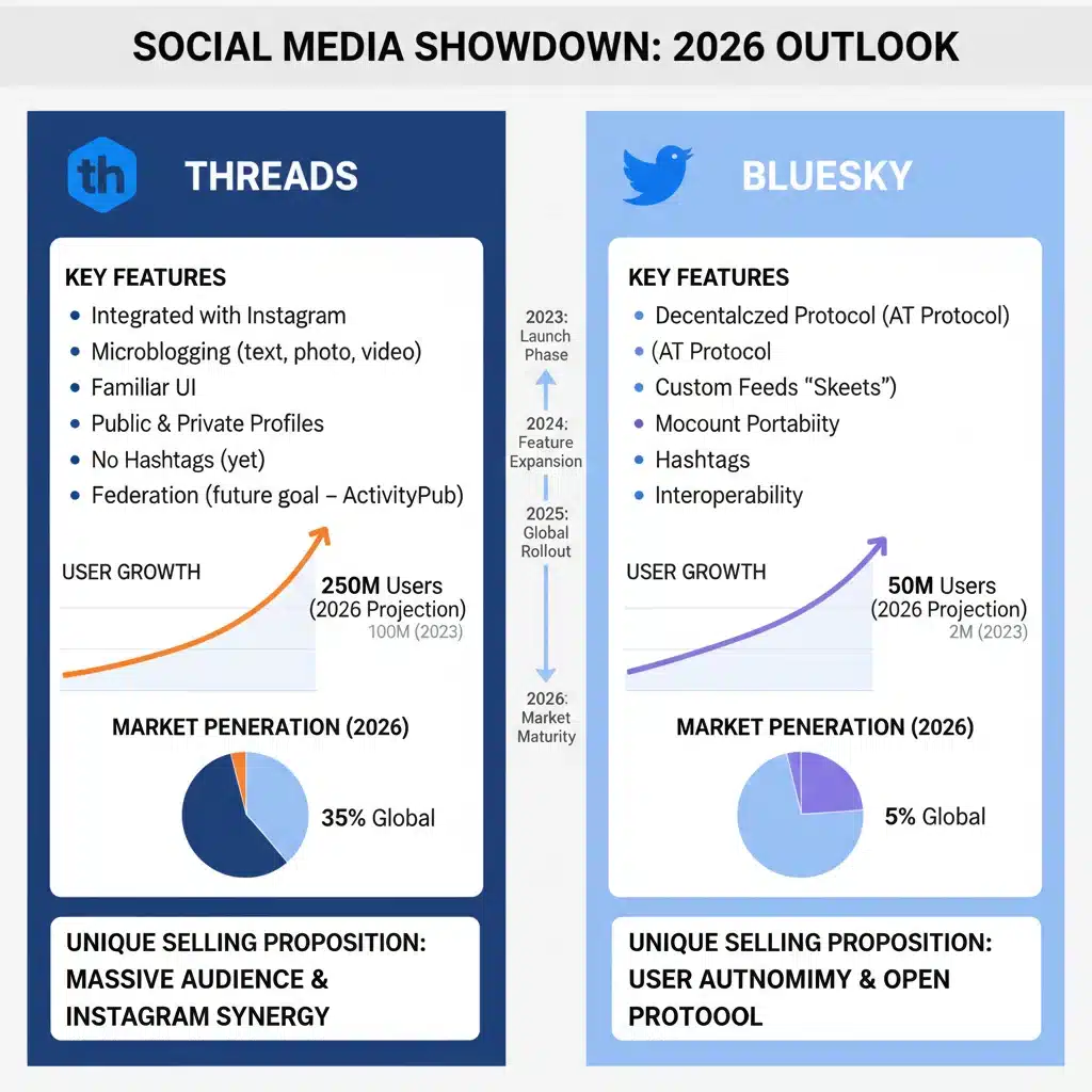 Infographic comparing Threads and Bluesky features, user growth, and market share in 2026.