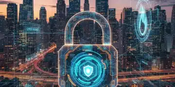 Digital padlock representing AI cybersecurity protecting a futuristic city skyline from cyber threats.