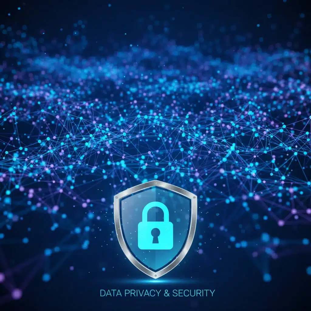 Interconnected data network with a shield, symbolizing data privacy and secure information flow.