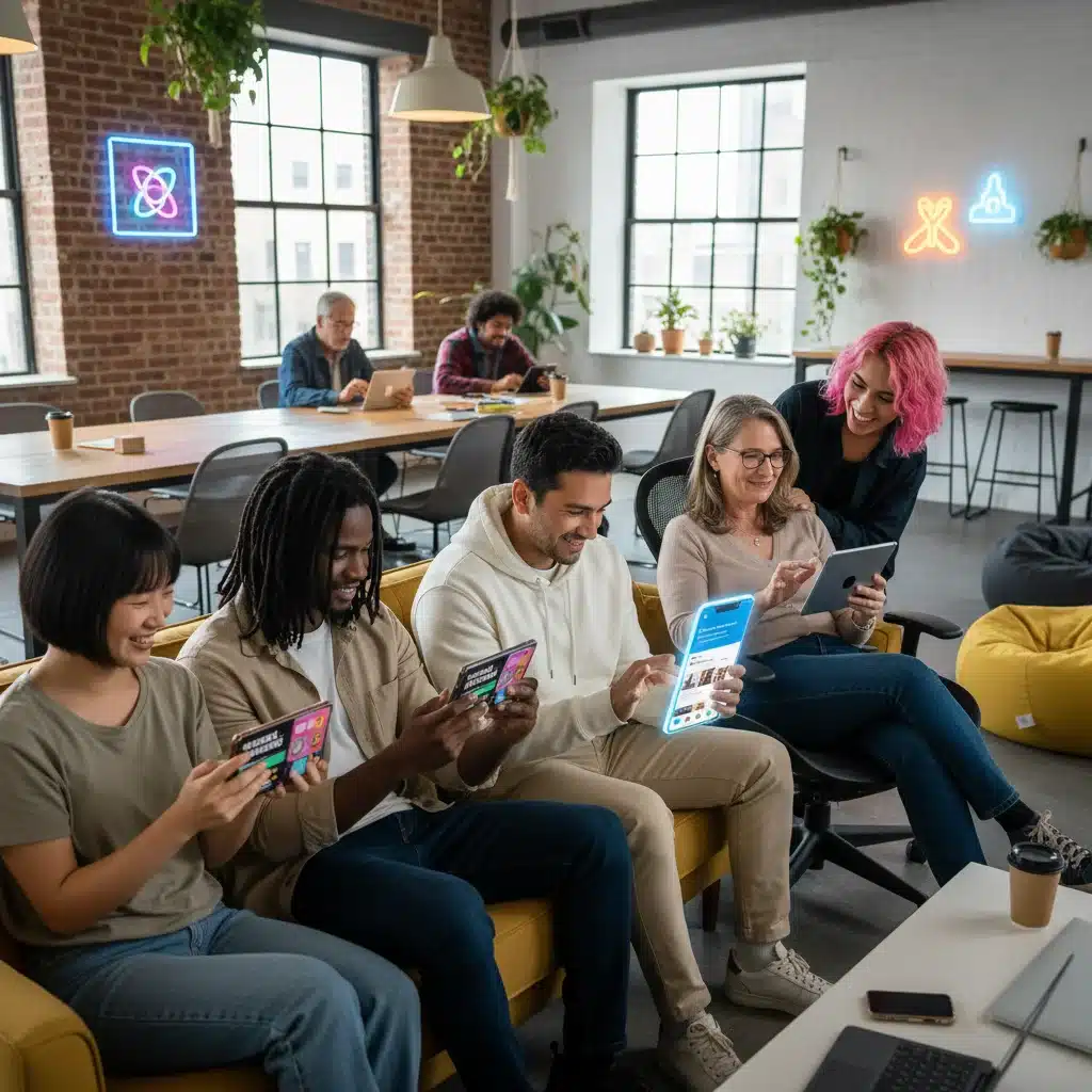 Diverse users engaging with various social media platforms on mobile devices.