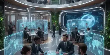 Futuristic hybrid work environment with virtual and in-person collaboration