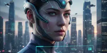 Futuristic neural interface device on a person in an urban setting, representing advanced technology integration.