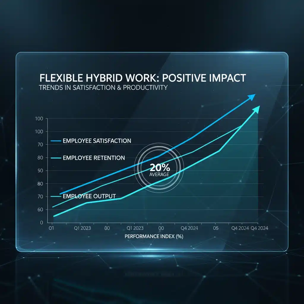 Infographic showing increased employee satisfaction and productivity with hybrid work