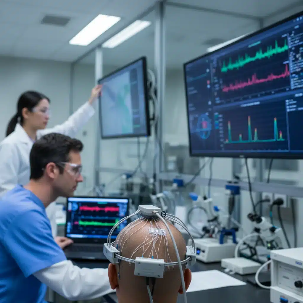 Medical brain-computer interface in a clinical trial, showing intricate connections and data monitoring.