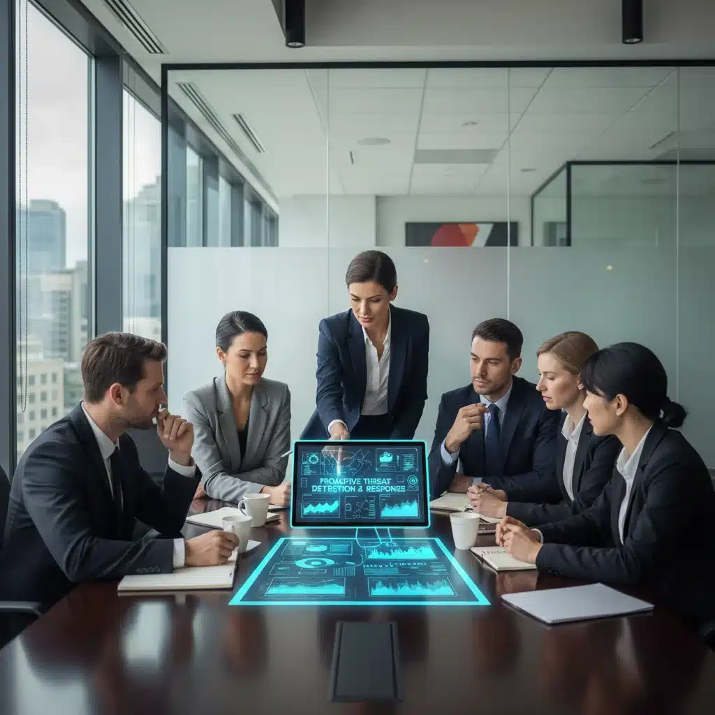 Business team analyzing cybersecurity data, representing proactive threat detection and response.