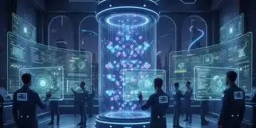 Quantum computing laboratory with researchers and glowing qubits