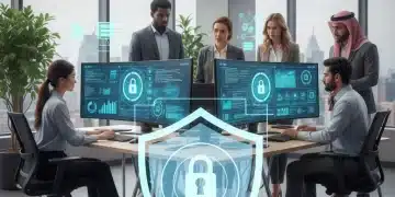 Small business owners reviewing cybersecurity dashboard for NIST compliance