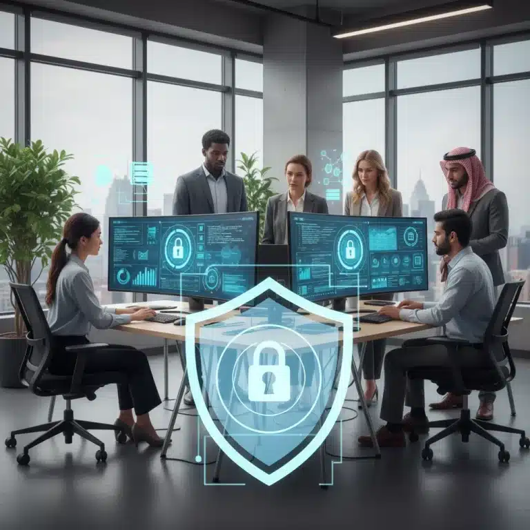 Small business owners reviewing cybersecurity dashboard for NIST compliance