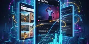 Futuristic digital screens displaying social media platforms TikTok, Instagram, and X, with data analytics overlays.