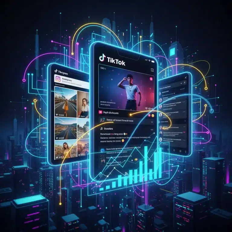 Futuristic digital screens displaying social media platforms TikTok, Instagram, and X, with data analytics overlays.