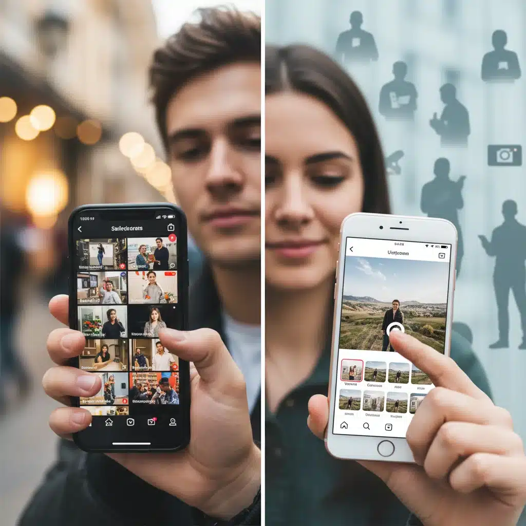 User engaging with short-form video content on TikTok and curating photos for Instagram.