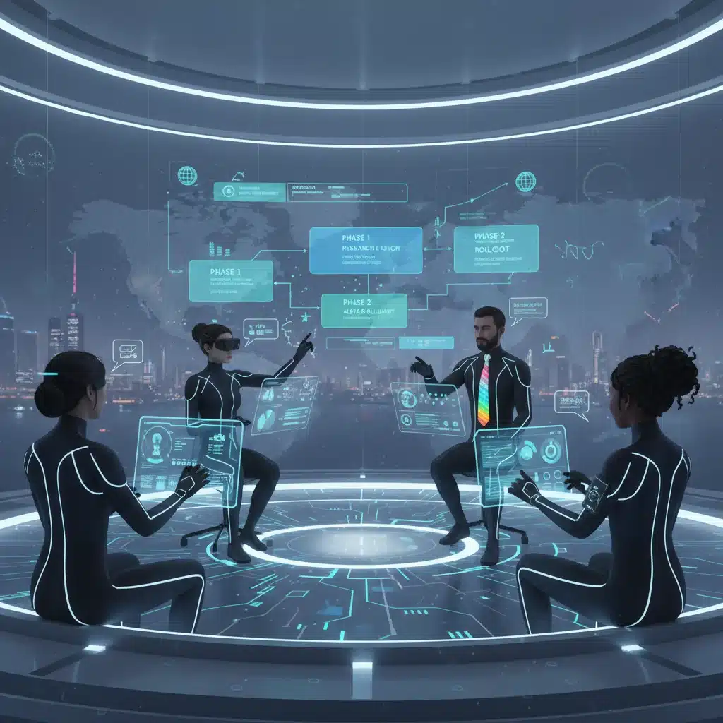 Futuristic virtual reality meeting for global tech team collaboration