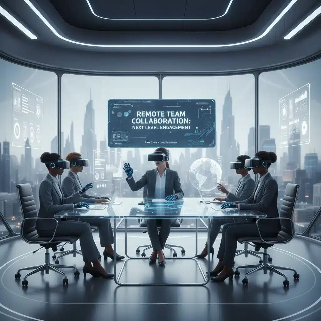 Professional in VR headset attending virtual meeting
