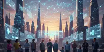Futuristic city with diverse people interacting with AI interfaces, representing AI's cultural integration.