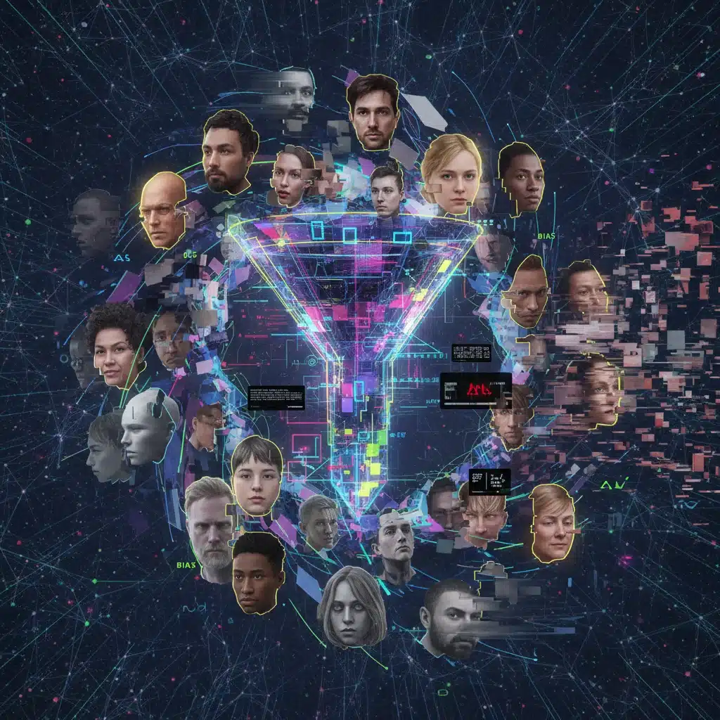 Algorithmic bias illustration with diverse faces being distorted by AI, highlighting unfair outcomes.