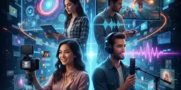 Diverse content creators monetizing digital platforms with glowing data streams, symbolizing the creator economy's growth.