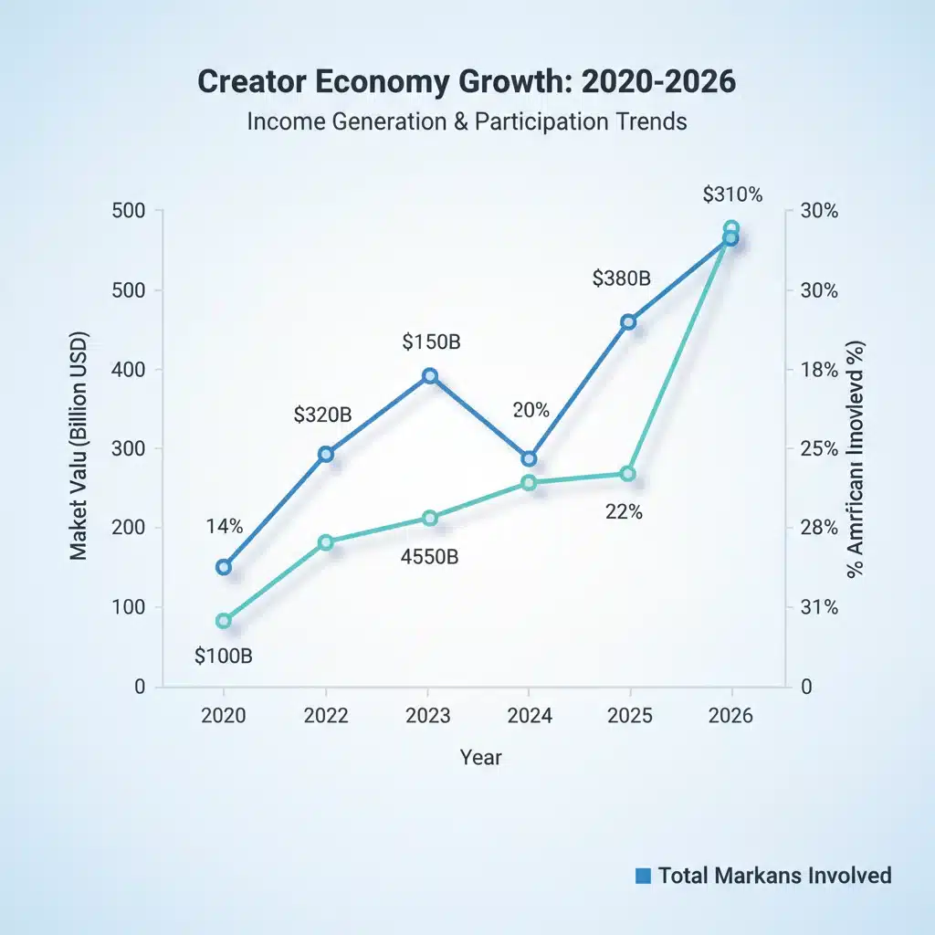 Graph illustrating the exponential financial growth and participation rate in the creator economy from 2020 to 2026.