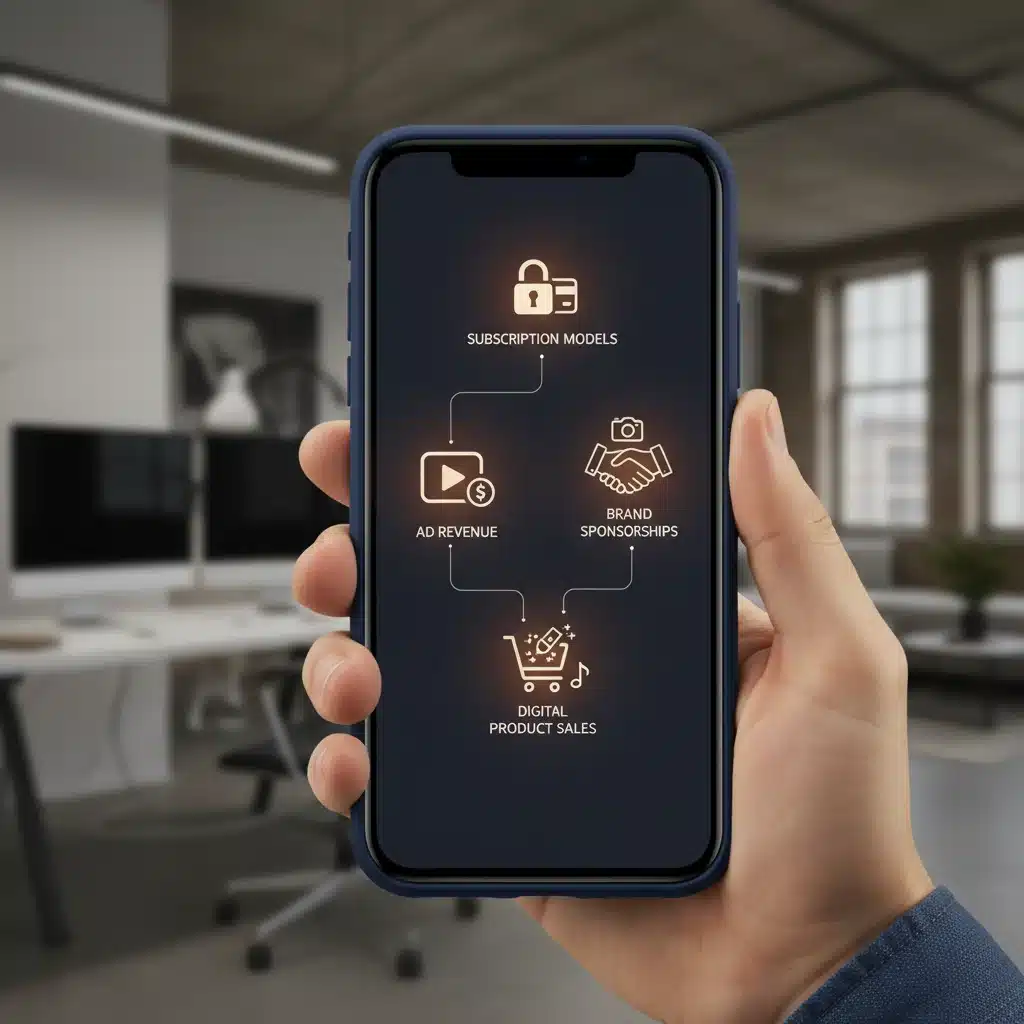 Smartphone screen showing diverse creator monetization strategies like subscriptions, ads, sponsorships, and digital product sales.