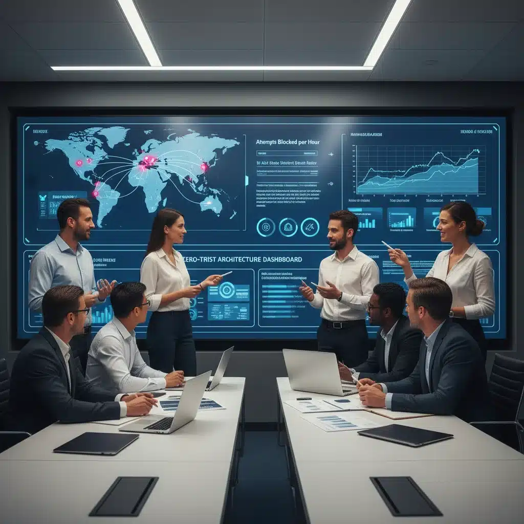 Cybersecurity team collaborating on Zero Trust dashboard and security metrics
