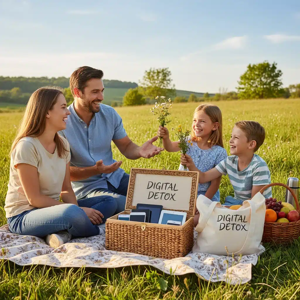 Family on picnic with devices stored, emphasizing digital detox and real-world connection.