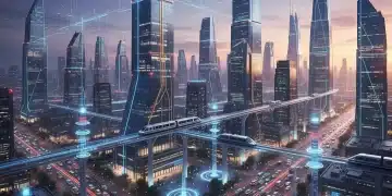 Futuristic smart city infrastructure with interconnected systems and advanced technology.