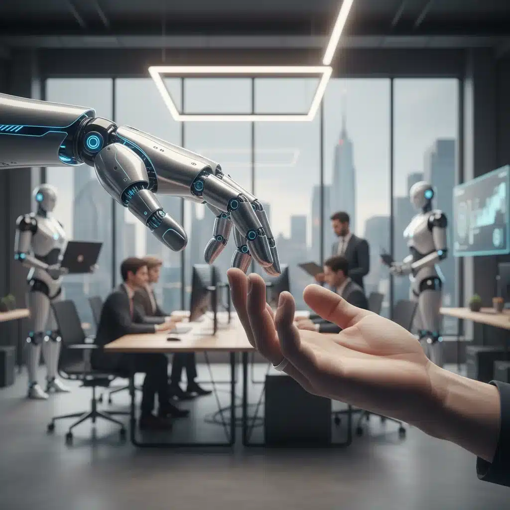Robotic and human hands touching, representing human-AI collaboration in the evolving workplace.