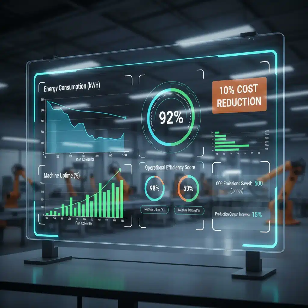 IoT analytics dashboard showing energy savings and operational efficiency