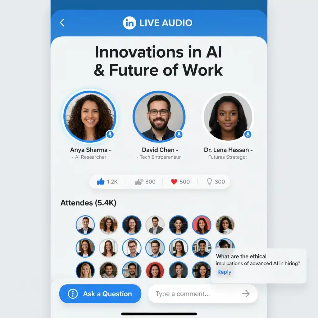 LinkedIn Live Audio event interface with interactive elements