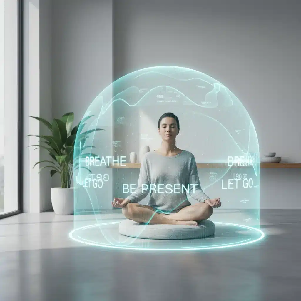 Person meditating with mindful digital interface, promoting focus and calm.