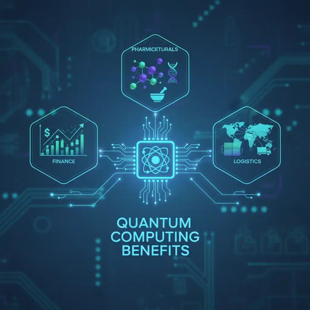 Infographic showing quantum computing benefits across finance, pharma, and logistics
