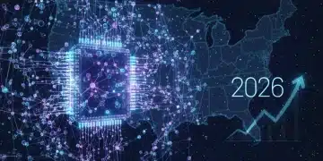 Quantum computing abstract representation with U.S. map and 2026 timeline