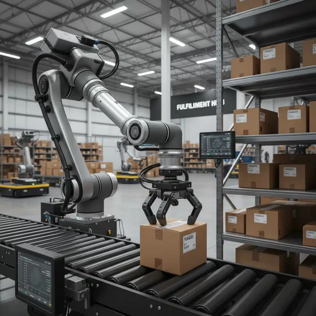 Robotic arm performing precise package picking in a logistics center