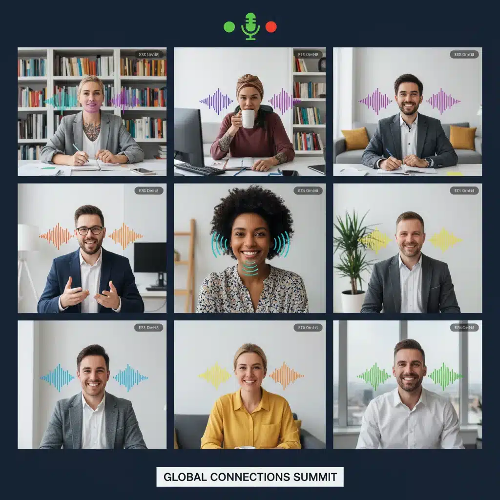 Diverse professionals engaging in virtual audio networking
