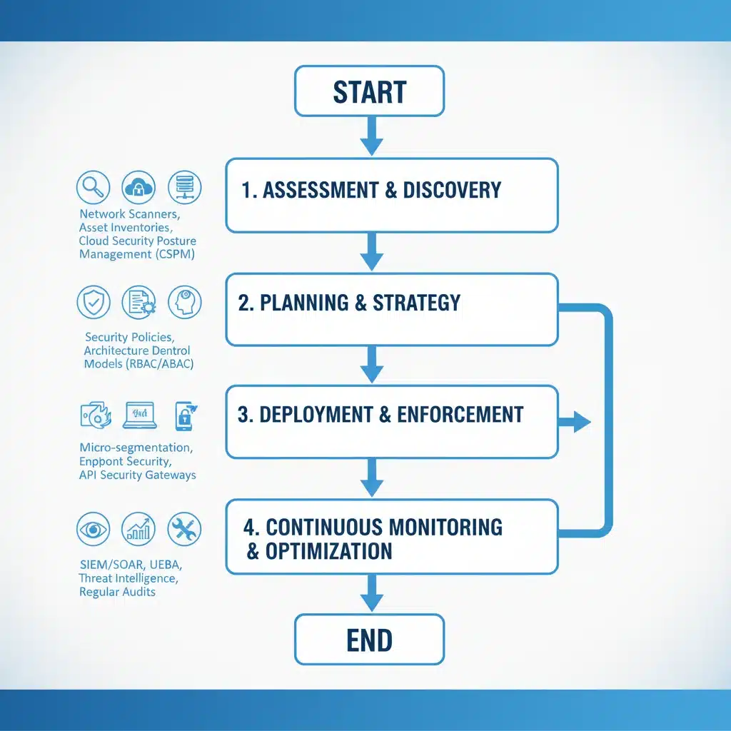 Detailed flowchart of Zero Trust implementation steps and cybersecurity tools