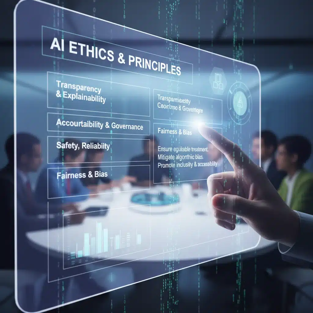Digital interface showing AI ethical guidelines and human interaction