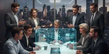 Professionals discussing AI ethics in a modern tech company conference room