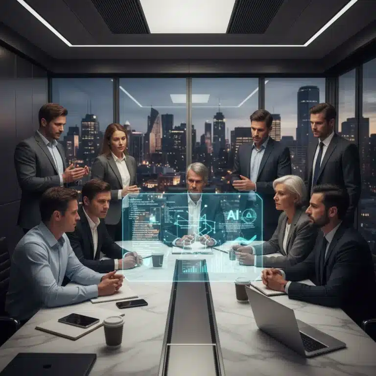 Professionals discussing AI ethics in a modern tech company conference room