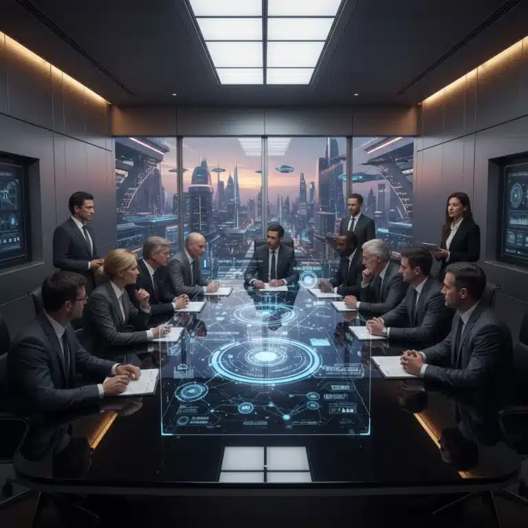 Diverse business professionals discussing AI ethics challenges in 2026