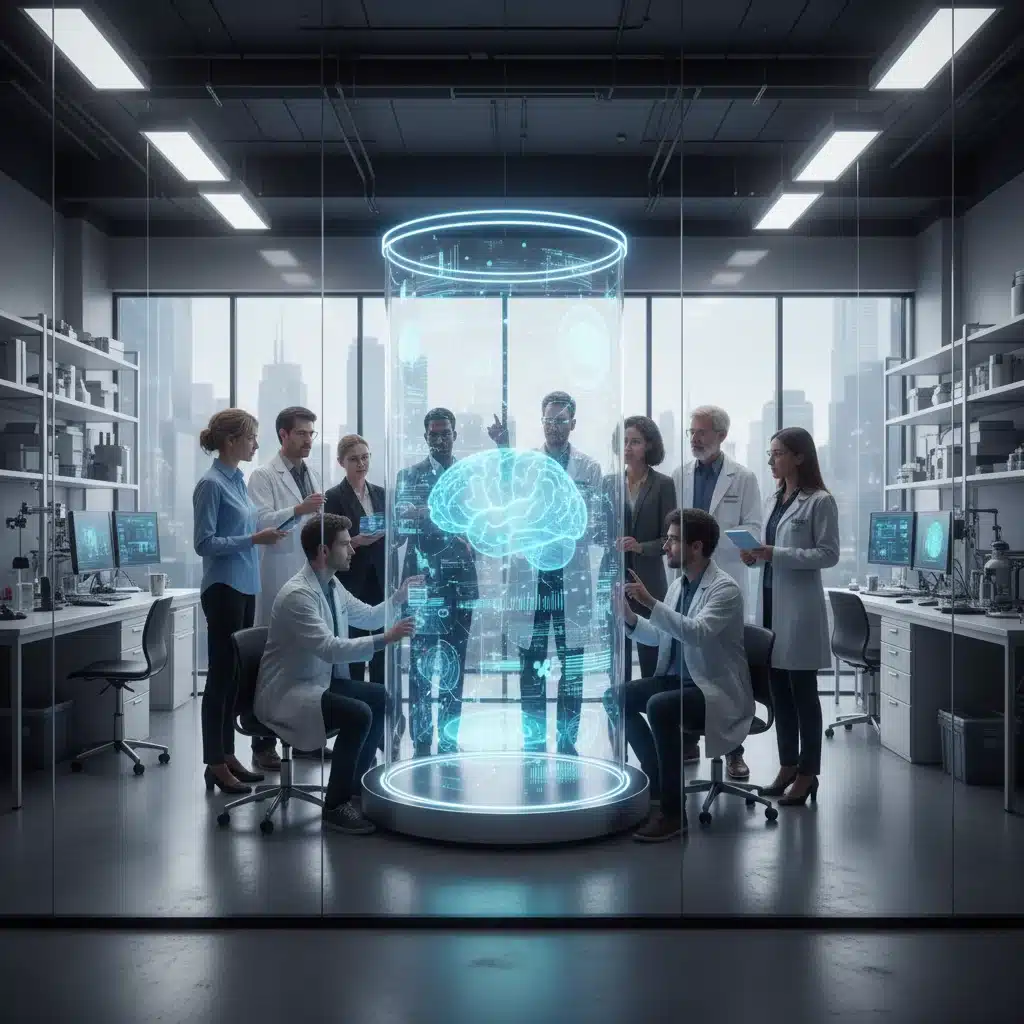 Scientists collaborating in a modern lab, analyzing brain activity on a holographic display, symbolizing BCI research.