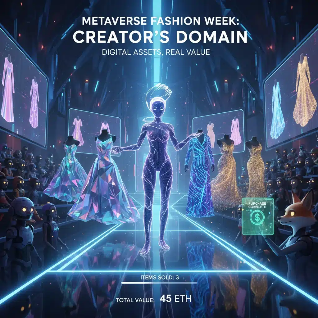 Digital fashion and creator economy thriving in a metaverse art gallery.