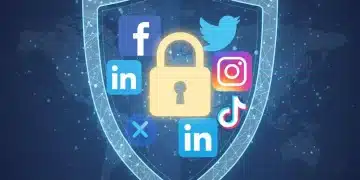 Digital shield protecting social media logos, symbolizing brand security for businesses in 2026